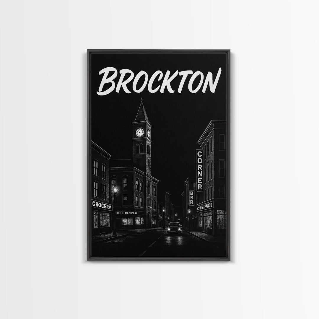 Brockton Travel Poster, Framed Canvas Print, Dark Moody City Wall Art, Brockton Wall Art, Travel Art Print, Fine Art Print, Landscape Art