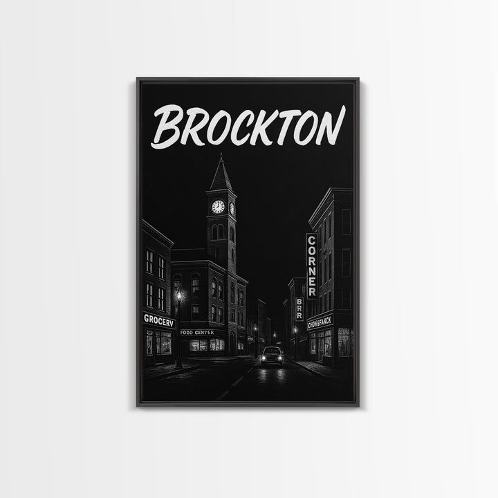 Brockton Travel Poster, Framed Canvas Print, Dark Moody City Wall Art, Brockton Wall Art, Travel Art Print, Fine Art Print, Landscape Art