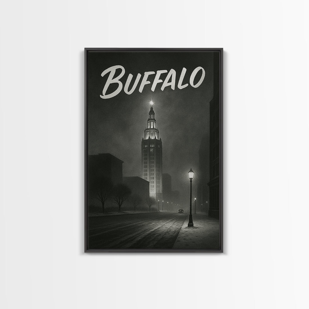 Buffalo Travel Poster, Framed Canvas Print, Dark Moody City Wall Art, Buffalo Poster Print, City Art Print, Vintage City Art, Art Print