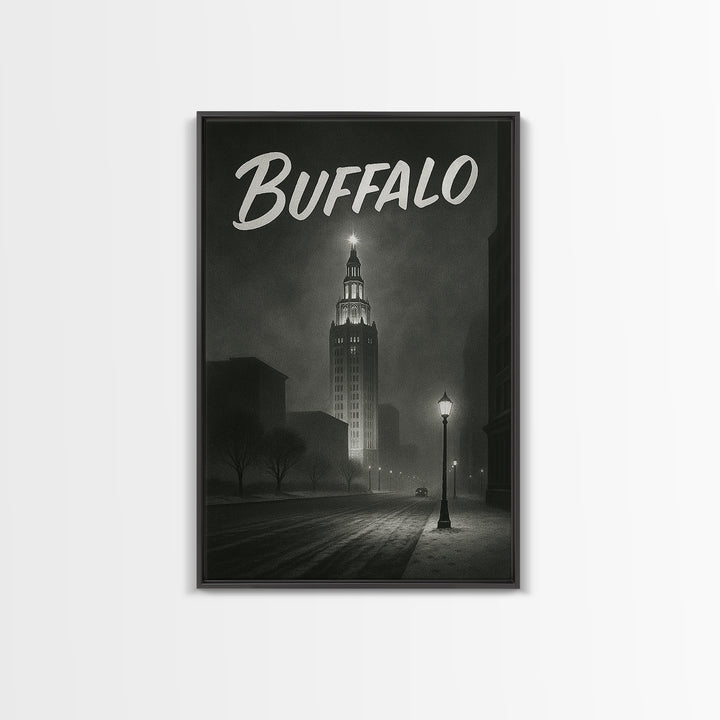 Buffalo Travel Poster, Framed Canvas Print, Dark Moody City Wall Art, Buffalo Poster Print, City Art Print, Vintage City Art, Art Print