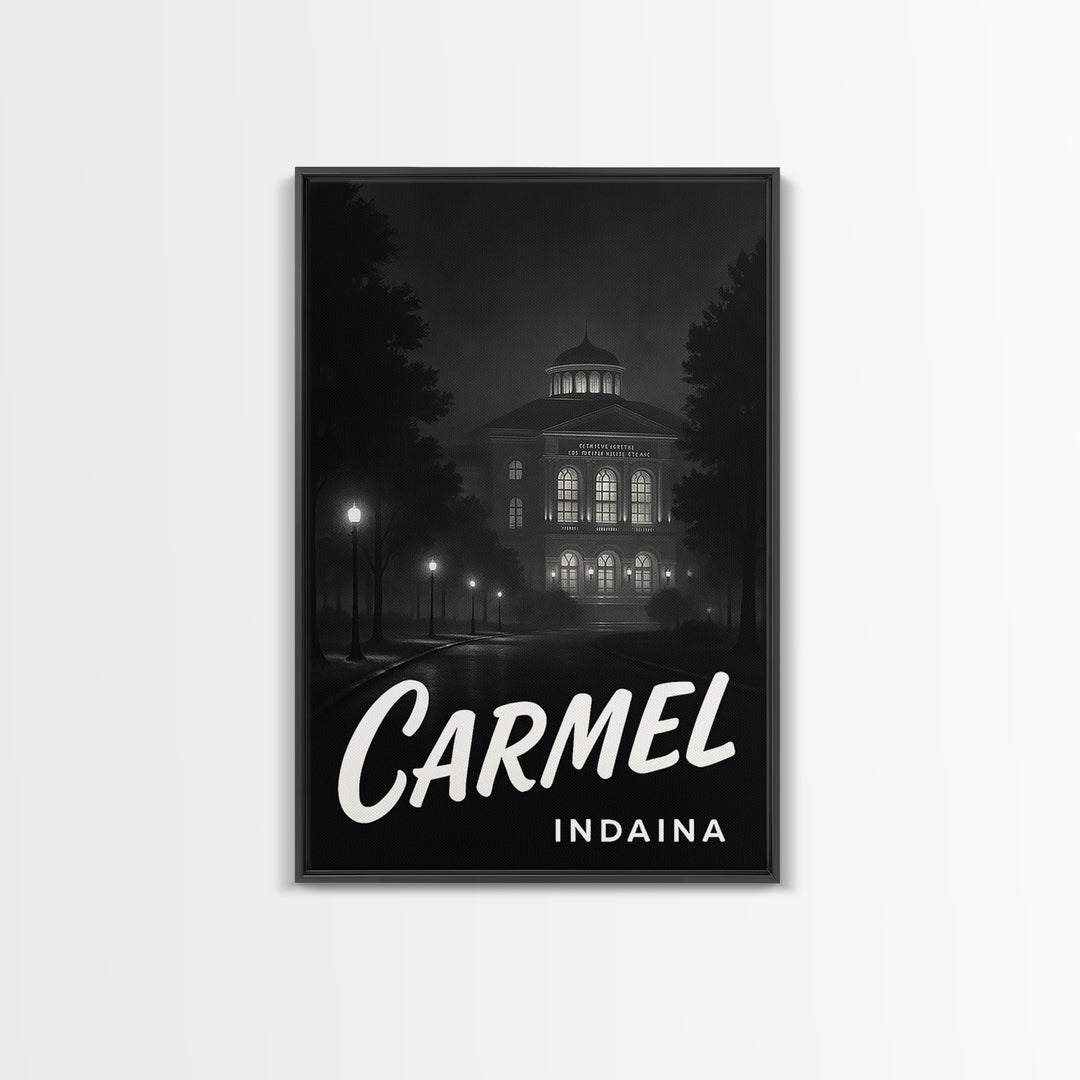 Carmel Indiana Travel Poster, Canvas Print, Vintage Noir Poster Art, Carmel Travel Art, Travel Art, Retro Travel Print, Mid Century Wall Art
