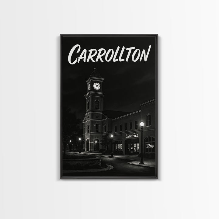 Carrollton Texas Travel Poster, Framed Canvas Print, Night Street Poster Art, Carrollton Art Print, Fine Art Print, Eclectic Wall Decor