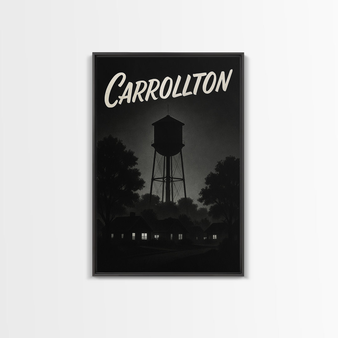 Carrollton Travel Poster, Framed Canvas Print, Vintage Noir Poster Art, Carrollton Wall Art, City Illustration, Vintage City Art
