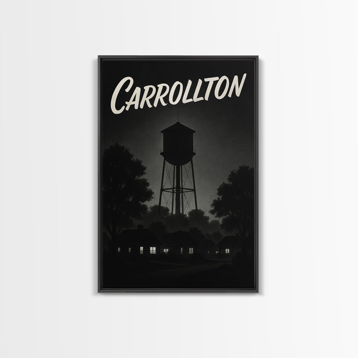 Carrollton Travel Poster, Framed Canvas Print, Vintage Noir Poster Art, Carrollton Wall Art, City Illustration, Vintage City Art