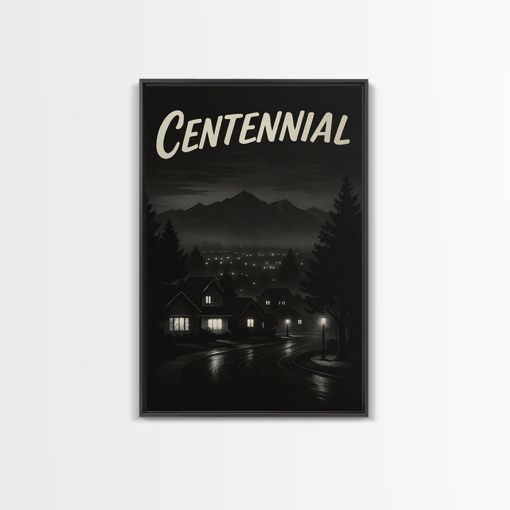Centennial Travel Poster, Framed Canvas Print, Night Street Poster Art, Centennial Art Print, Travel Poster Art, Watercolor Downtown Skyline