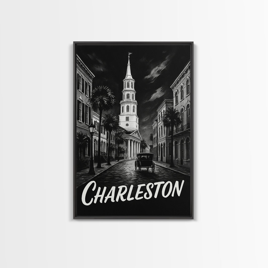 Charleston Travel Poster, Canvas Print, Black And White Travel Art, Charleston City Art, Travel Wall Decor, Watercolor Skyline Art