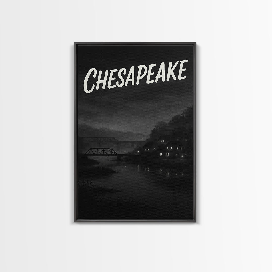 Chesapeake Travel Poster, Framed Canvas Print, Black And White Travel Art, Chesapeake Travel Art, City Illustration, Travel Poster Set