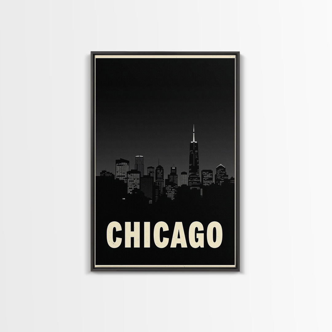 Chicago Illinois Travel Poster, Framed Canvas Print, Night Street Poster Art, Chicago Art Print, Vintage Travel Print, Travel Poster Art