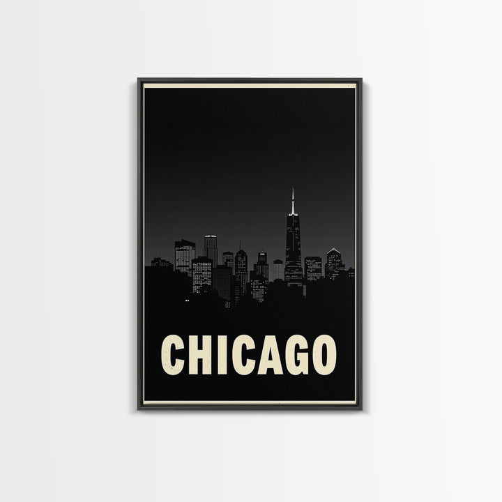 Chicago Illinois Travel Poster, Framed Canvas Print, Night Street Poster Art, Chicago Art Print, Vintage Travel Print, Travel Poster Art