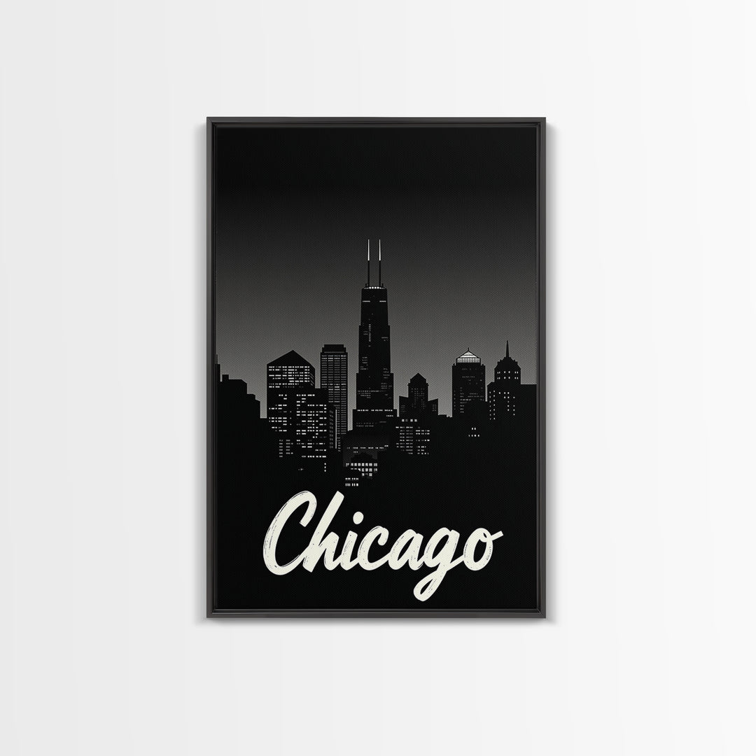 Chicago Travel Poster, Framed Canvas Print, Black And White Travel Art, Chicago City Art, City Illustration, Living Room Wall Art