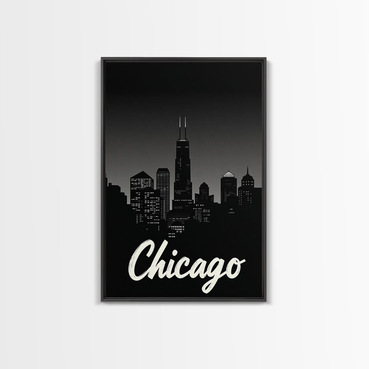 Chicago Travel Poster, Framed Canvas Print, Black And White Travel Art, Chicago City Art, City Illustration, Living Room Wall Art