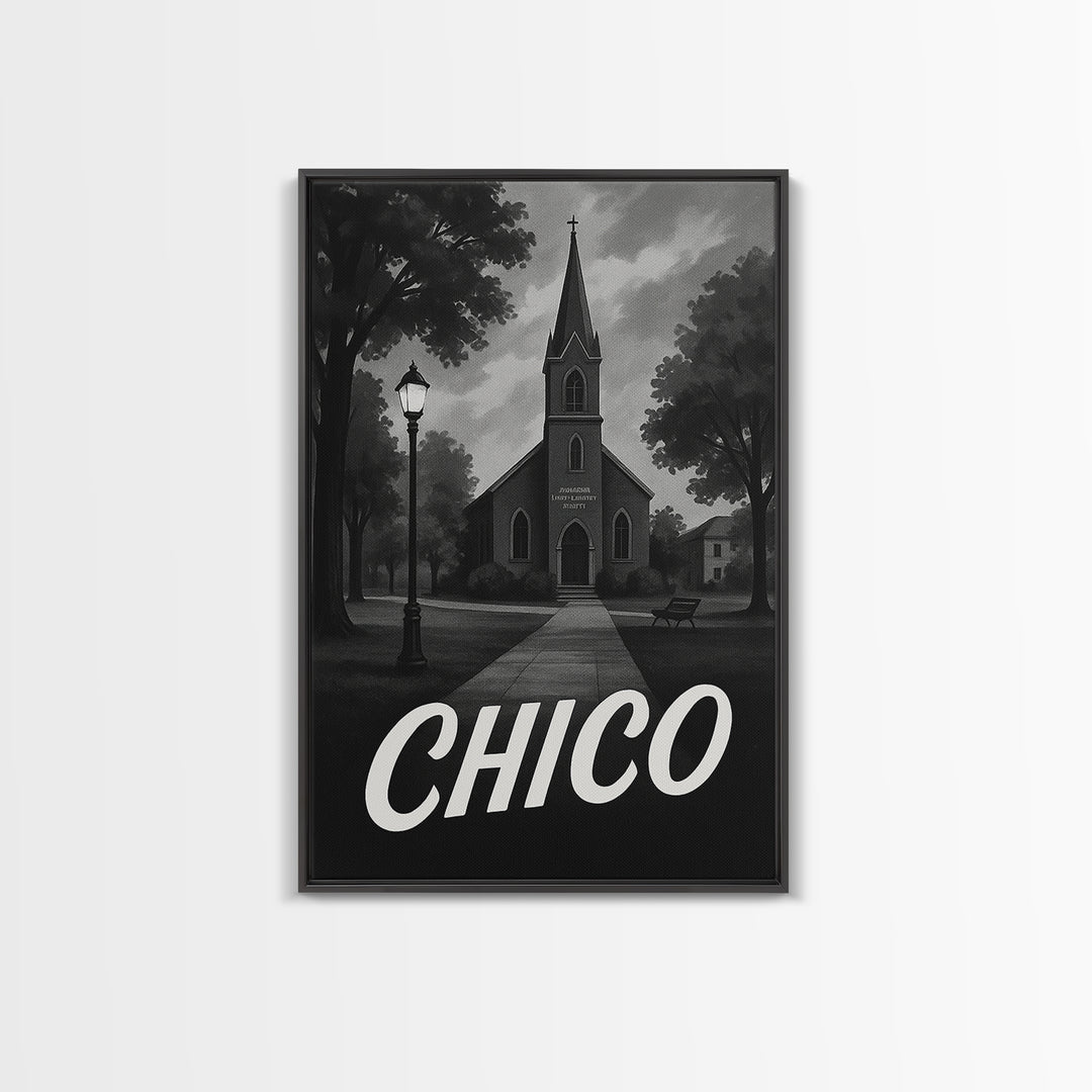 Chico Travel Poster, Canvas Print, Dark Moody City Wall Art, Chico Travel Art, City Travel Prints, Eclectic Wall Decor, Travel Wall Art