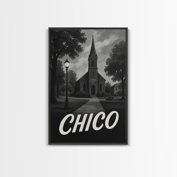 Chico Travel Poster, Canvas Print, Dark Moody City Wall Art, Chico Travel Art, City Travel Prints, Eclectic Wall Decor, Travel Wall Art