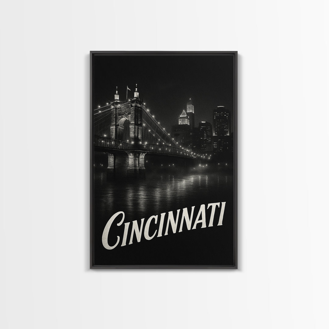 Cincinnati Ohio Travel Poster, Canvas Print, Black And White Travel Art, Cincinnati City Art, Travel Poster Art, City Art Print, Art Print