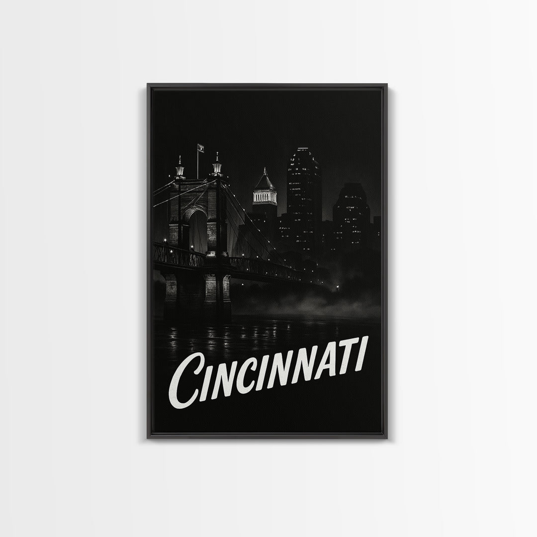Cincinnati Travel Poster, Framed Canvas Print, Black And White Travel Art, Cincinnati Wall Art, Fine Art Print, Travel Poster Set