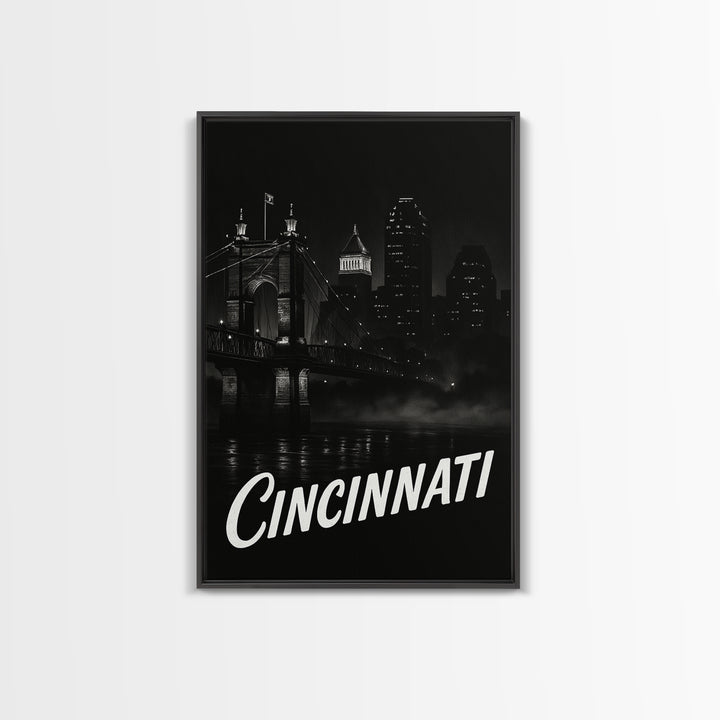 Cincinnati Travel Poster, Framed Canvas Print, Black And White Travel Art, Cincinnati Wall Art, Fine Art Print, Travel Poster Set
