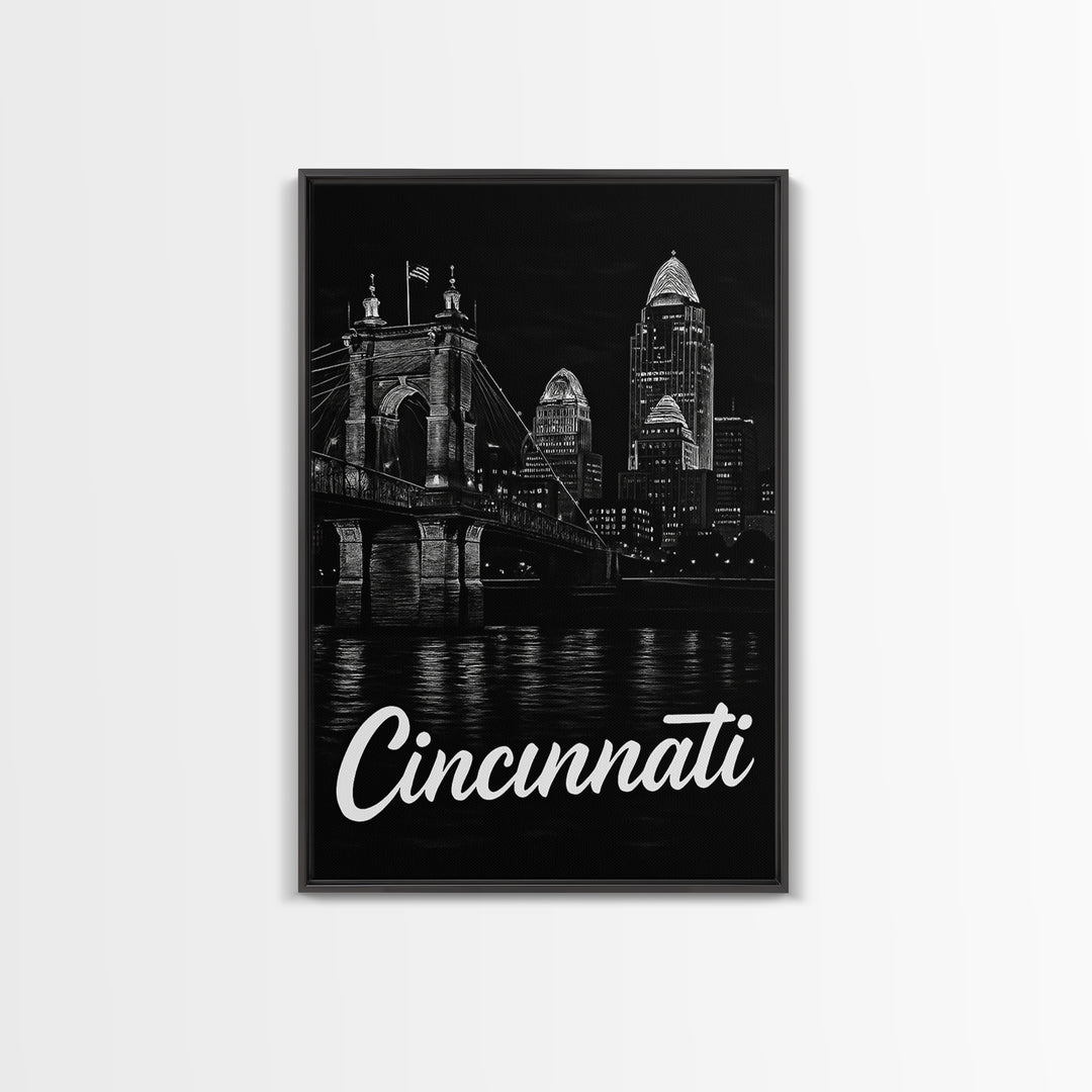 Cincinnati Travel Poster, Canvas Print, Night Street Poster Art, Cincinnati Poster Print, Travel Art Print, City Travel Prints