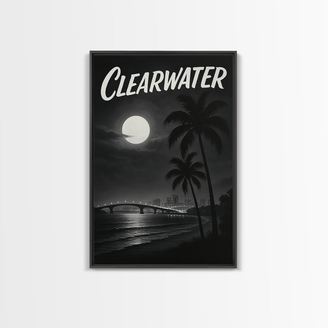 Clearwater Florida Travel Poster, Framed Canvas Print, Dark Moody City Wall Art, Clearwater Wall Art, Travel Poster Set, Travel Art Print