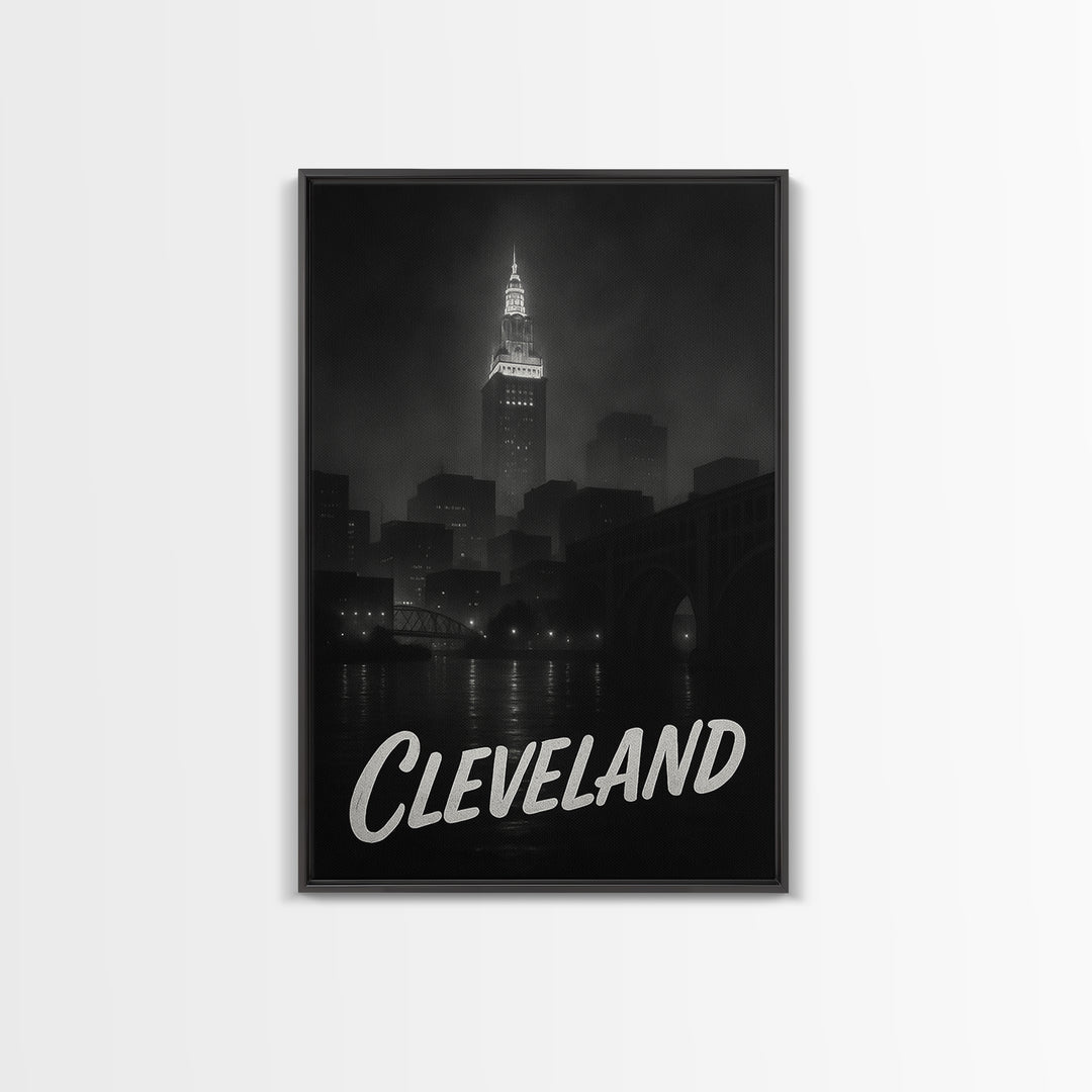 Cleveland Ohio Travel Poster, Framed Canvas Print, Dark Moody City Wall Art, Cleveland Travel Art, Travel Wall Decor, City Travel Prints