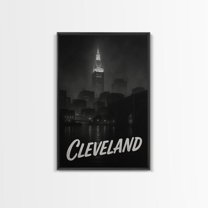 Cleveland Ohio Travel Poster, Framed Canvas Print, Dark Moody City Wall Art, Cleveland Travel Art, Travel Wall Decor, City Travel Prints