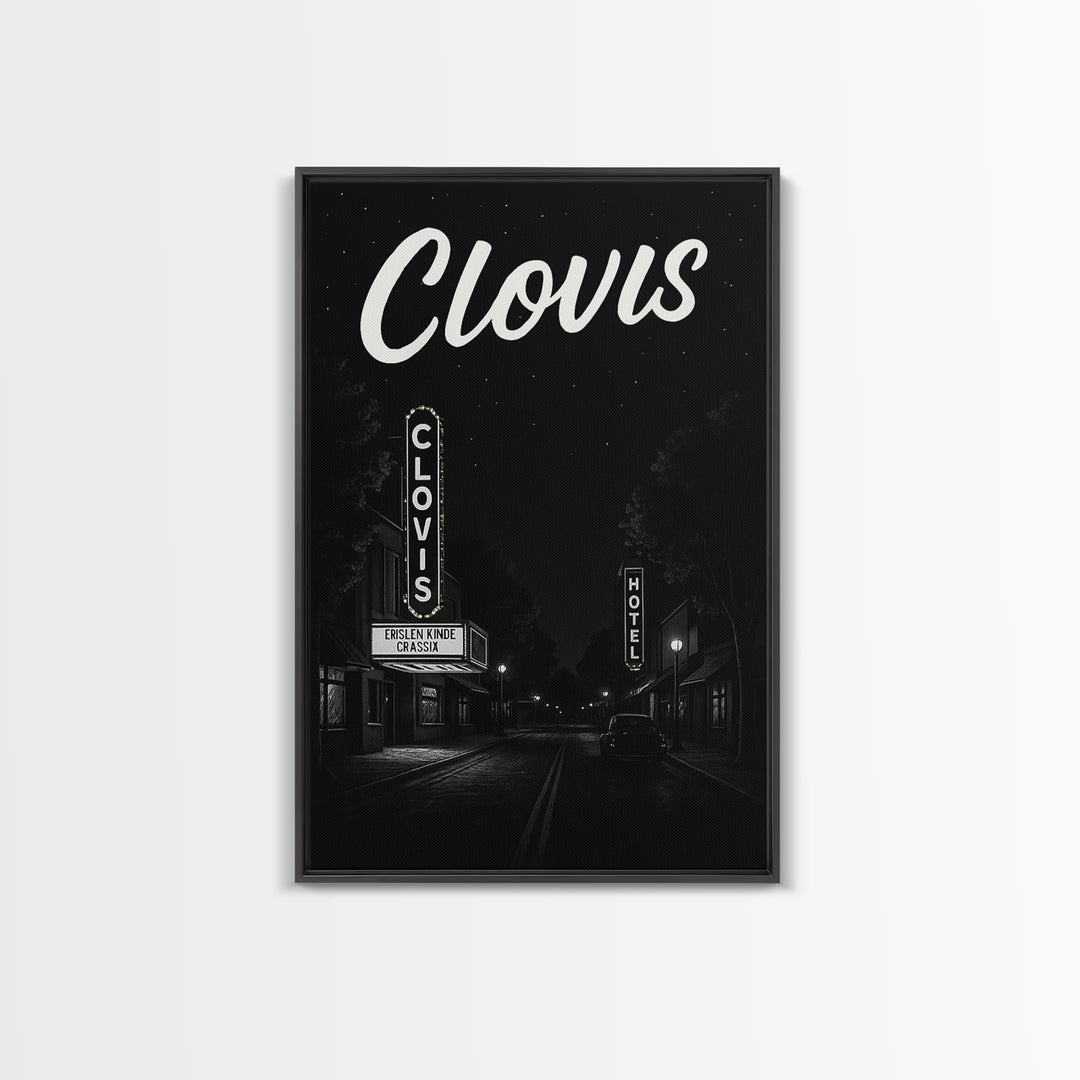 Clovis Travel Poster, Framed Canvas Print, Dark Moody City Wall Art, Clovis Poster Print, Vintage Travel Print, City Travel Prints