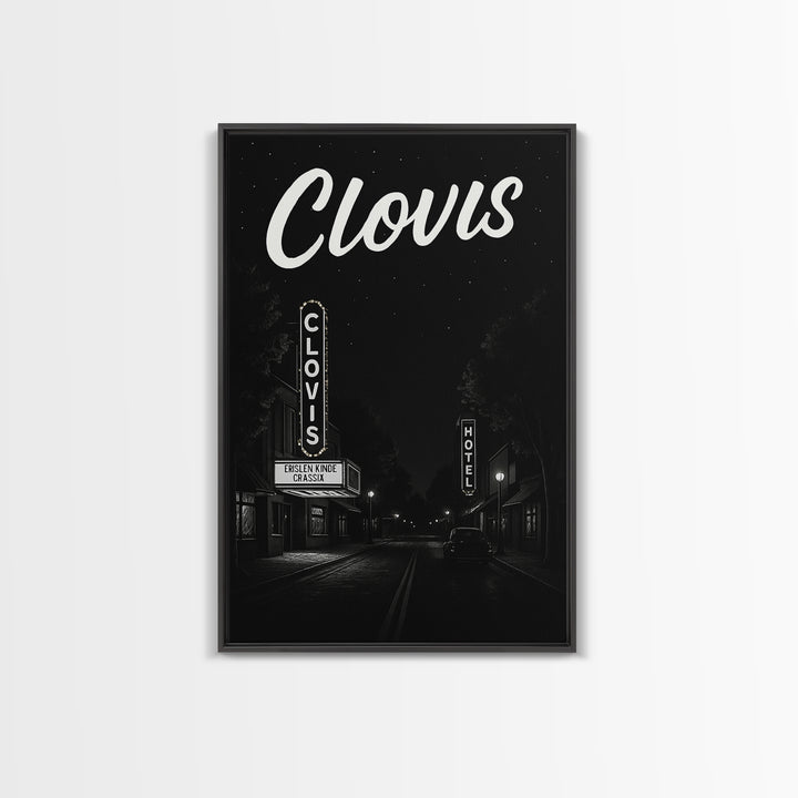 Clovis Travel Poster, Framed Canvas Print, Dark Moody City Wall Art, Clovis Poster Print, Vintage Travel Print, City Travel Prints