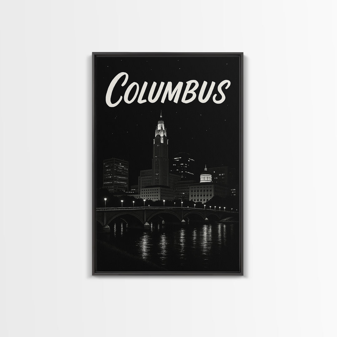 Columbus Travel Poster, Framed Canvas Print, Dark Moody City Wall Art, Columbus Travel Art, Travel Poster Art, Travel Poster Set