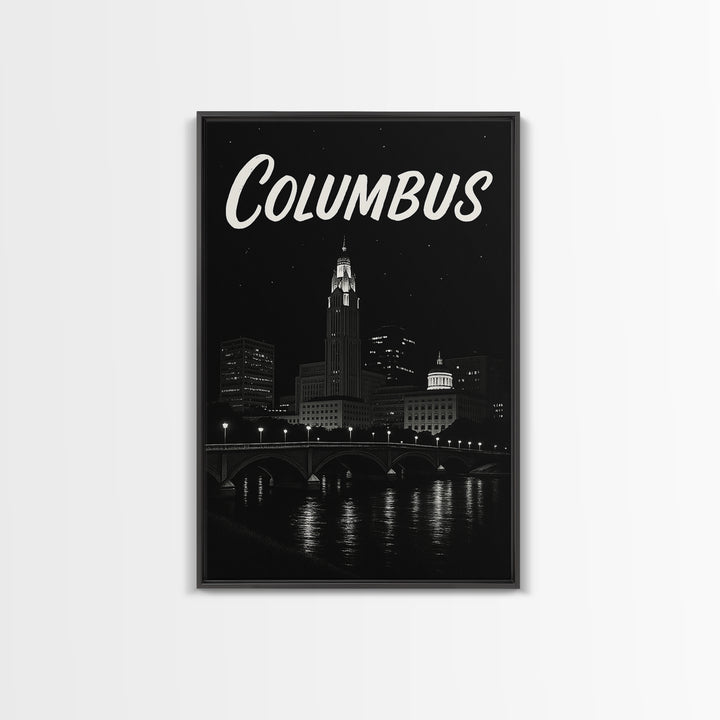 Columbus Travel Poster, Framed Canvas Print, Dark Moody City Wall Art, Columbus Travel Art, Travel Poster Art, Travel Poster Set
