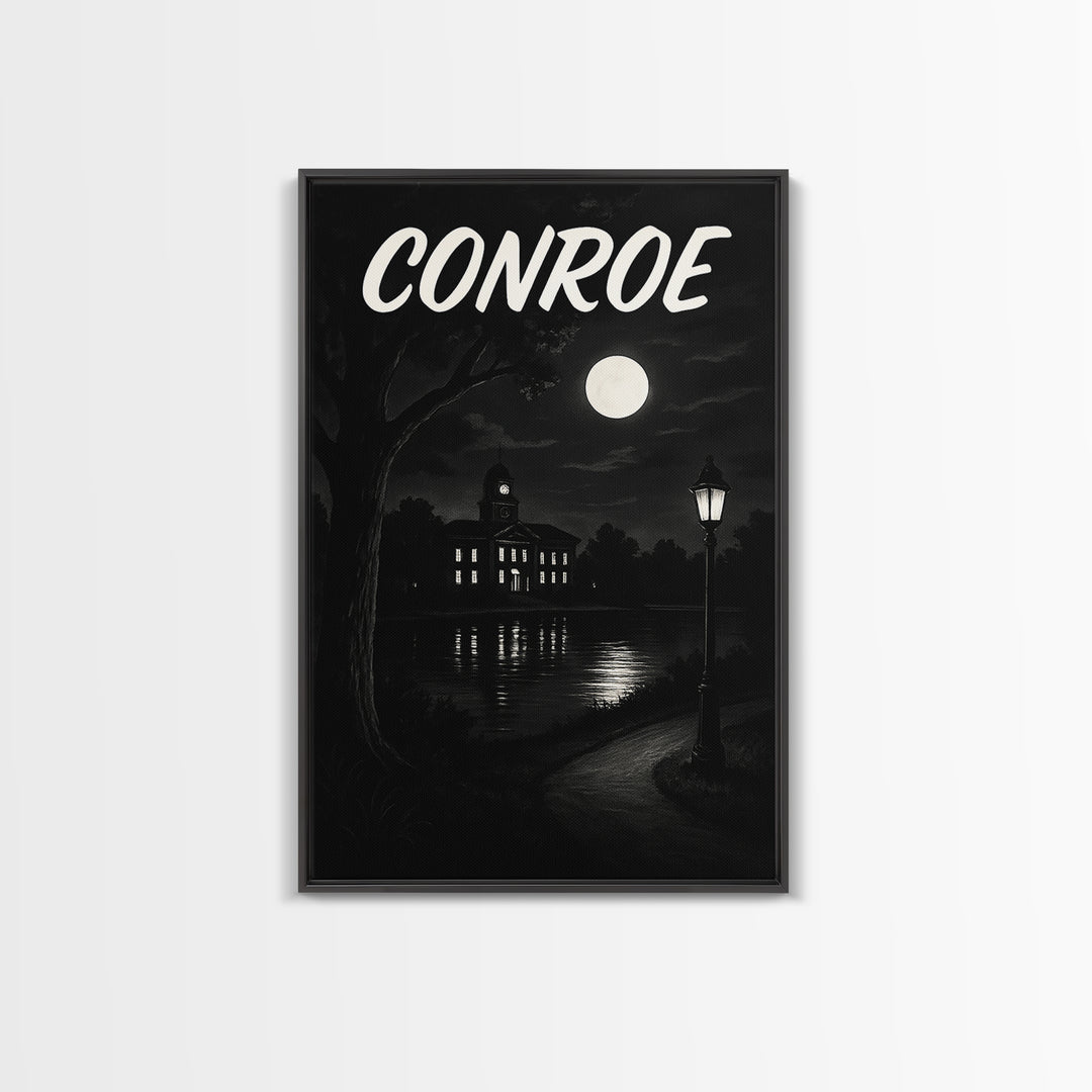 Conroe Travel Poster, Canvas Print, Dark Moody City Wall Art, Conroe Travel Art, Travel Art Print, City Illustration, Vintage Travel Print