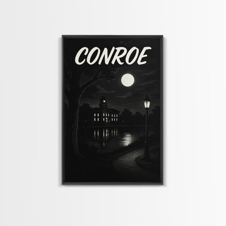 Conroe Travel Poster, Canvas Print, Dark Moody City Wall Art, Conroe Travel Art, Travel Art Print, City Illustration, Vintage Travel Print