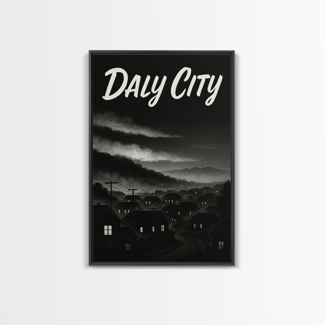 Daly City Travel Poster, Framed Canvas Print, Vintage Noir Poster Art, Daly City Art Print, Travel Poster Art, City Illustration