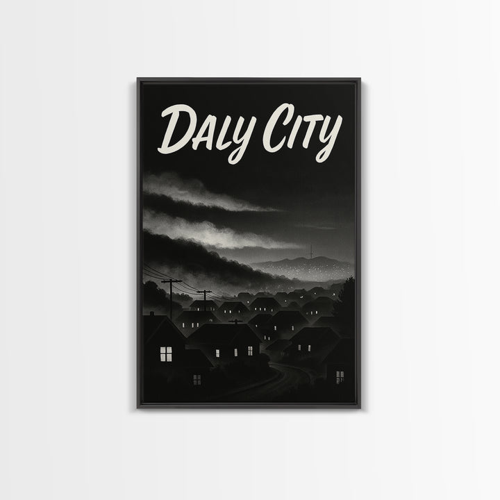 Daly City Travel Poster, Framed Canvas Print, Vintage Noir Poster Art, Daly City Art Print, Travel Poster Art, City Illustration