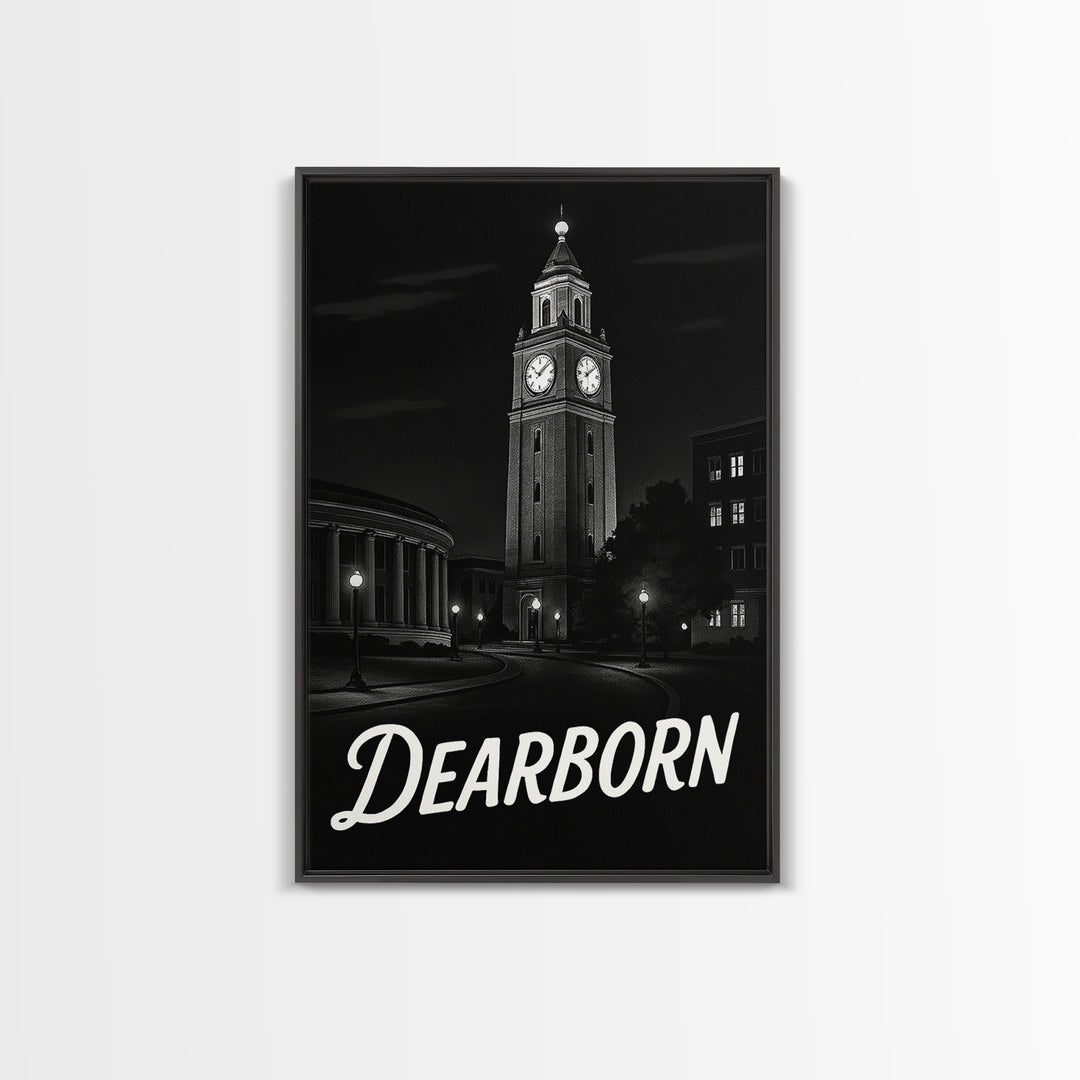 Dearborn Travel Poster, Framed Canvas Print, Dark Moody City Wall Art, Dearborn Poster Print, Home Office Decor, Travel Poster Set