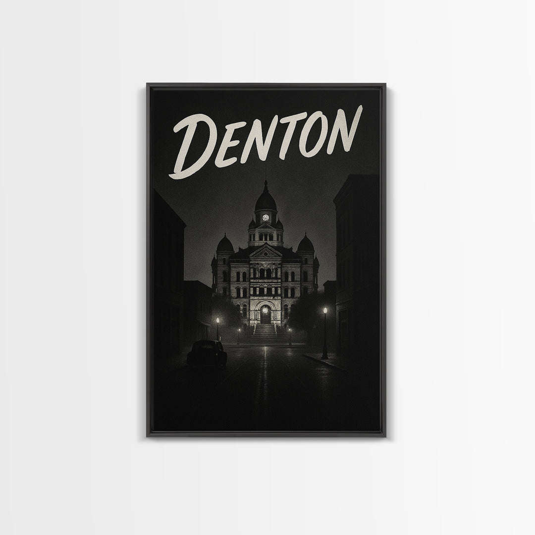 Denton Texas Travel Poster, Framed Canvas Print, Black And White Travel Art, Denton Art Print, Modern Wall Decor, City Travel Prints