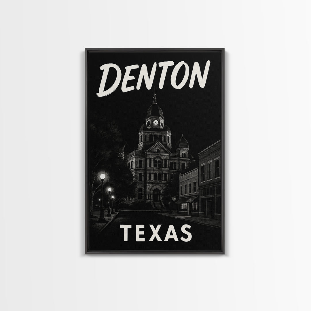 Denton Travel Poster, Framed Canvas Print, Dark Moody City Wall Art, Denton Poster Print, Gift For Travelers, Vintage Travel Art