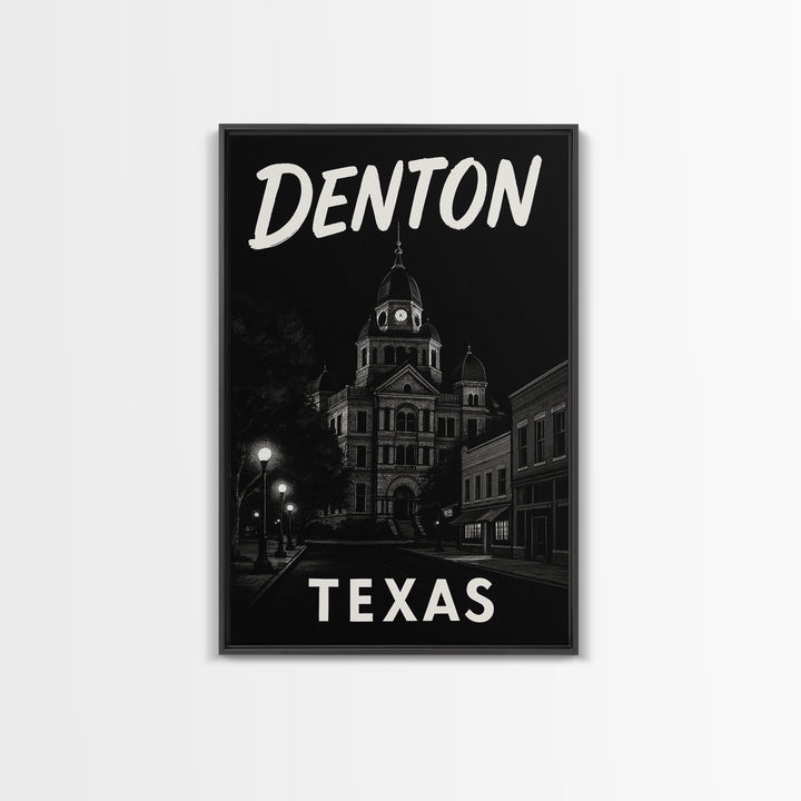 Denton Travel Poster, Framed Canvas Print, Dark Moody City Wall Art, Denton Poster Print, Gift For Travelers, Vintage Travel Art