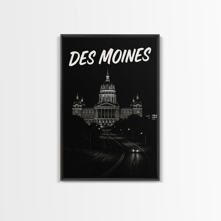Des Moines Travel Poster, Canvas Print, Black And White Travel Art, Des Moines Wall Art, Travel Art Print, Gift For Travelers, Design 2
