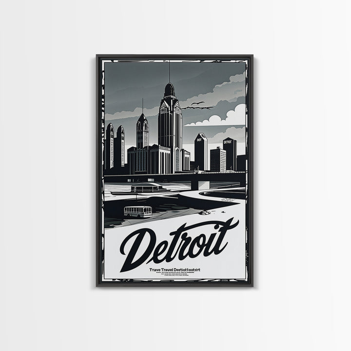 Detroit Travel Poster, Canvas Print, Dark Moody City Wall Art, Detroit Travel Art, Home Office Decor, Modern Wall Decor, Gift For Travelers