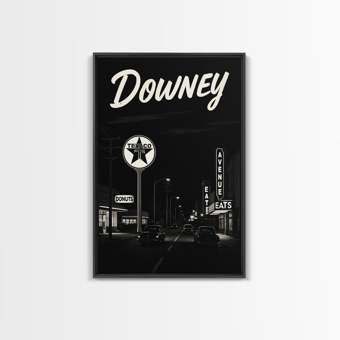 Downey Travel Poster, Canvas Print, Dark Moody City Wall Art, Downey Art Print, Travel Wall Decor, Travel Art Print, City Art Print