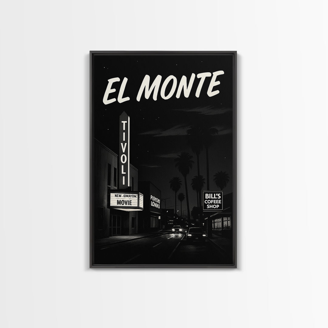 El Monte Travel Poster, Framed Canvas Print, Vintage Noir Poster Art, El Monte Wall Art, Vintage City Art, Retro Travel Print, Design 2