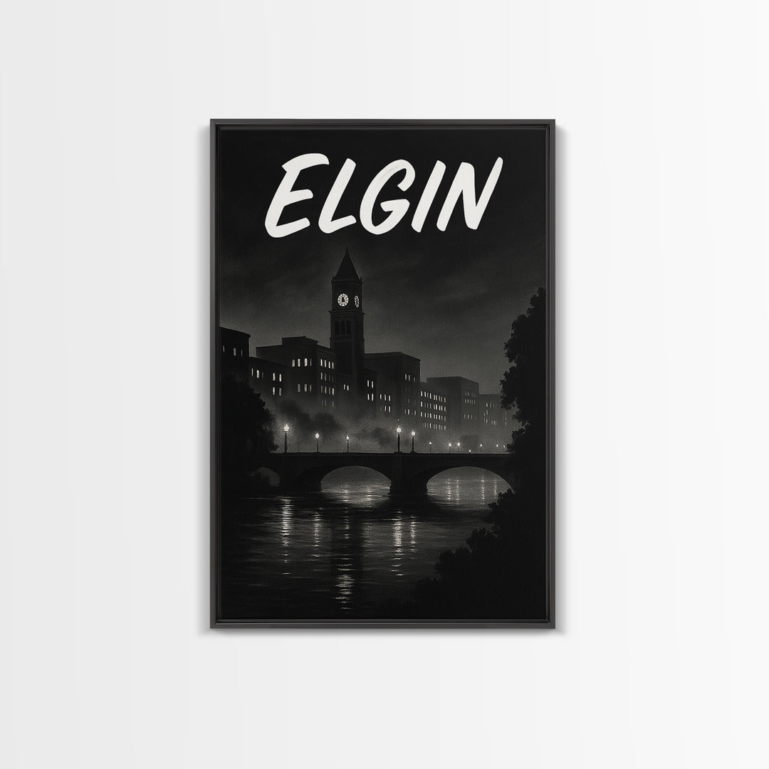 Elgin Illinois Travel Poster, Canvas Print, Dark Moody City Wall Art, Elgin City Art, Travel Poster Art, Wall Art, Travel Wall Decor