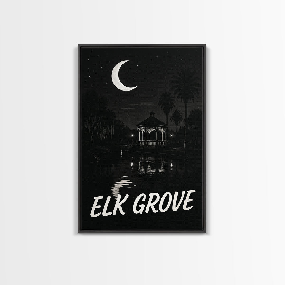 Elk Grove Travel Poster, Canvas Print, Dark Moody City Wall Art, Elk Grove Art Print, Wanderlust Decor, City Art Print, Travel Art Print