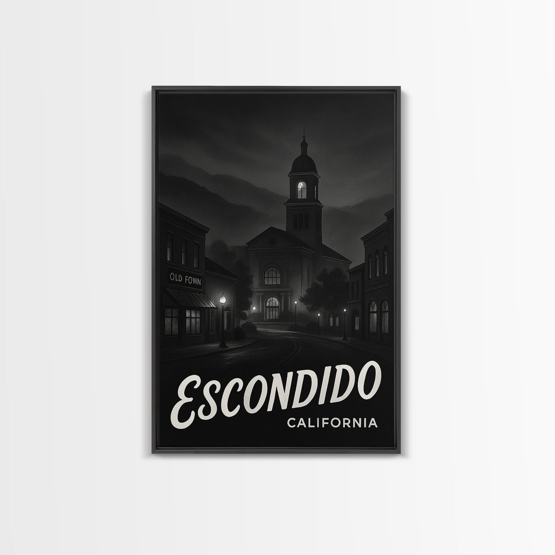 Escondido California Travel Poster, Canvas Print, Dark Moody City Wall Art, Escondido Art Print, Watercolor Urban Skyline, Travel Print