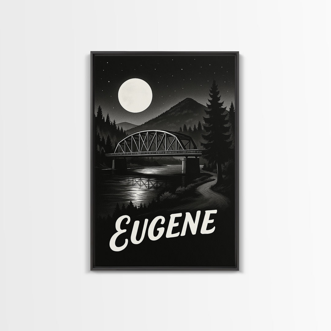Eugene Travel Poster, Framed Canvas Print, Night Street Poster Art, Eugene Art Print, Retro Travel Print, Fine Art Print, Travel Poster Art