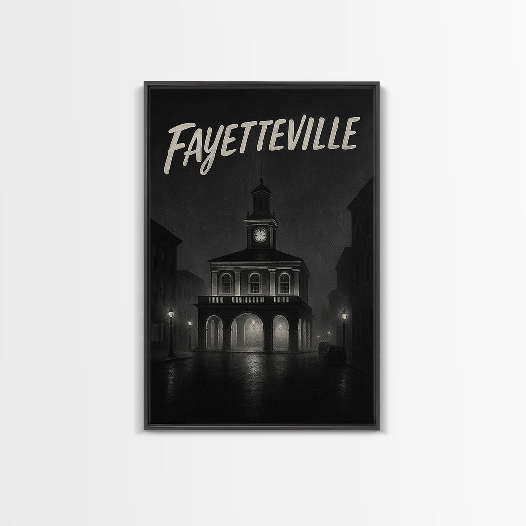 Fayeteville Travel Poster, Framed Canvas Print, Night Street Poster Art, Fayeteville Art Print, City Travel Prints, Vintage City Art