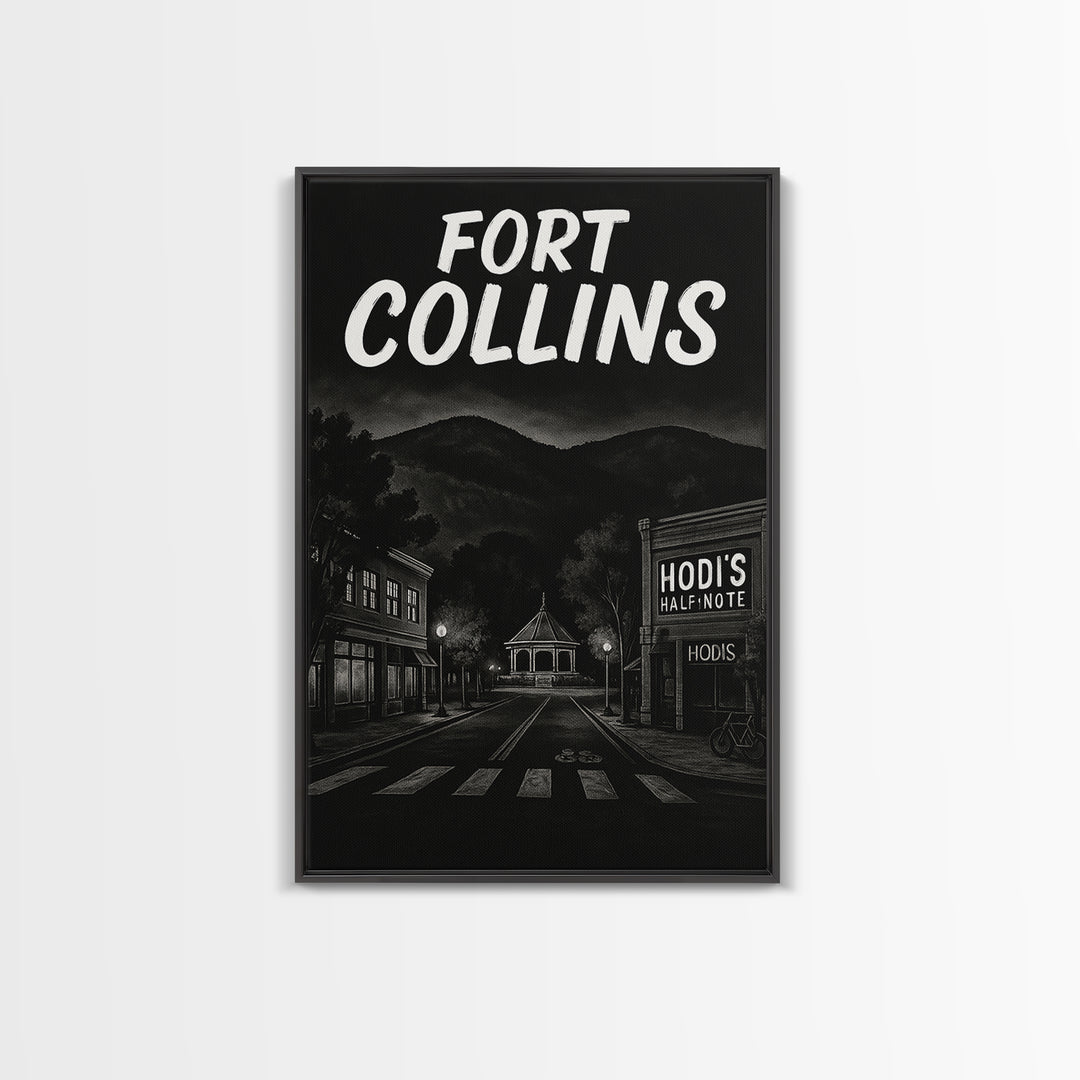 Fort Collins Travel Poster, Framed Canvas Print, Dark Moody City Wall Art, Fort Collins Travel Art, Mid Century Wall Art, Travel Art Print