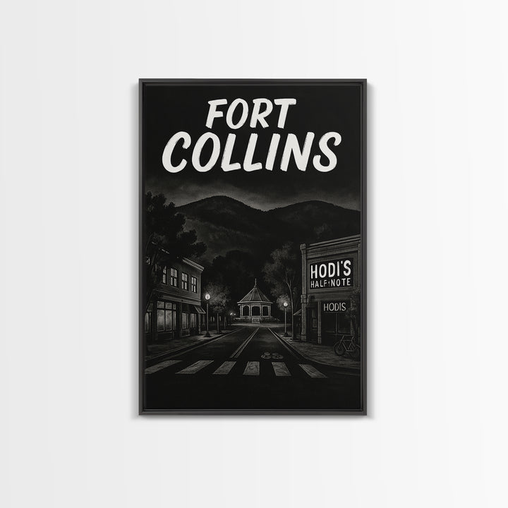 Fort Collins Travel Poster, Framed Canvas Print, Dark Moody City Wall Art, Fort Collins Travel Art, Mid Century Wall Art, Travel Art Print