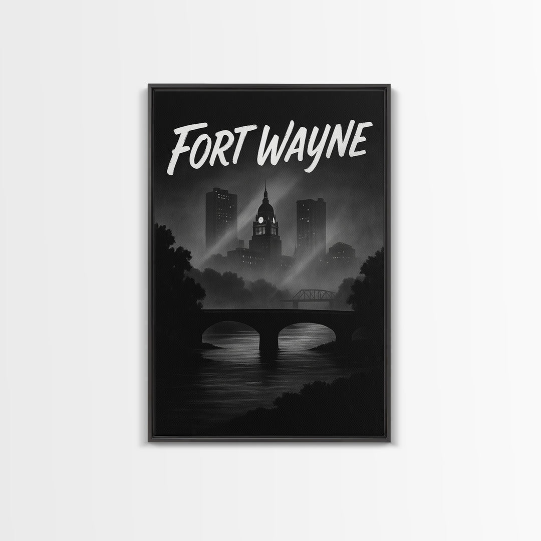 Fort Wayne Indiana Travel Poster, Canvas Print, Night Street Poster Art, Fort Wayne Wall Art, Retro Travel Print, Watercolor Urban Skyline
