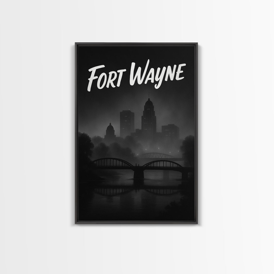 Fort Wayne Travel Poster, Canvas Print, Night Street Poster Art, Fort Wayne Wall Art, City Illustration, Living Room Wall Art, Design 2