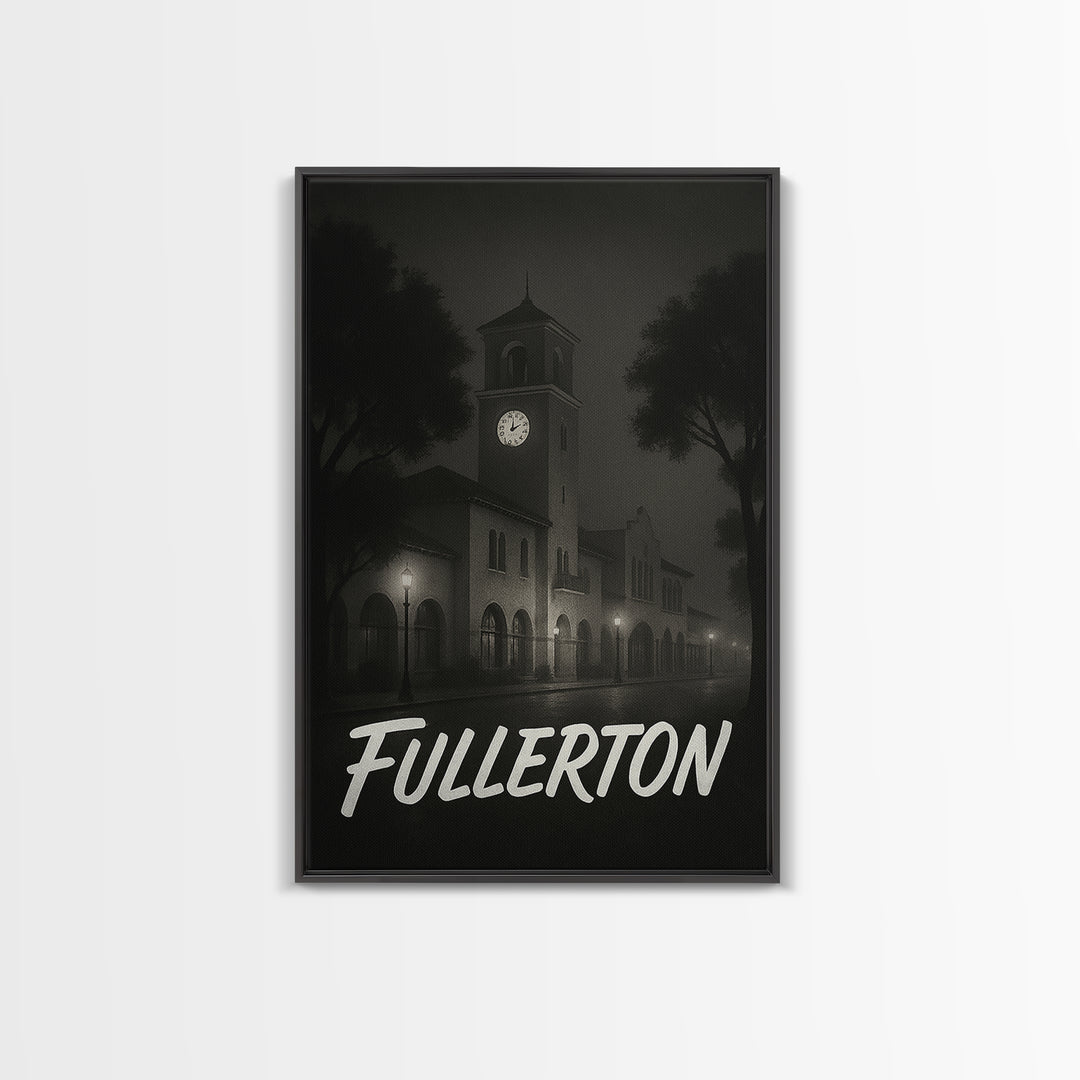 Fullerton Travel Poster, Framed Canvas Print, Dark Moody City Wall Art, Fullerton Wall Art, Eclectic Wall Decor, Modern Wall Decor